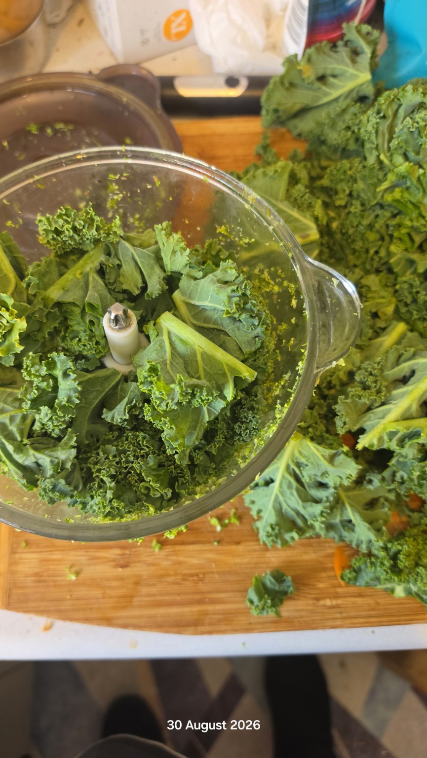 Kale leaves being prepared in the food processor